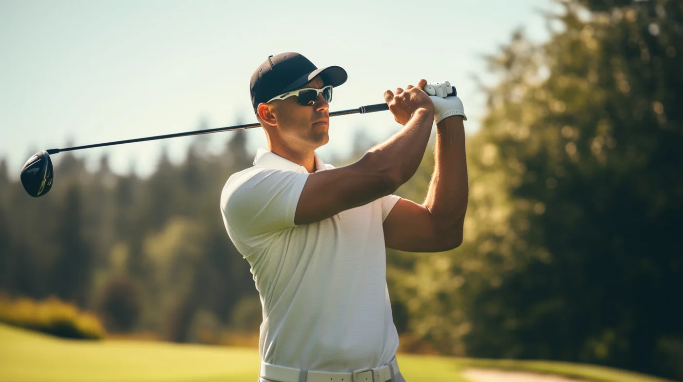 Golfista a fine swing durante una lezione