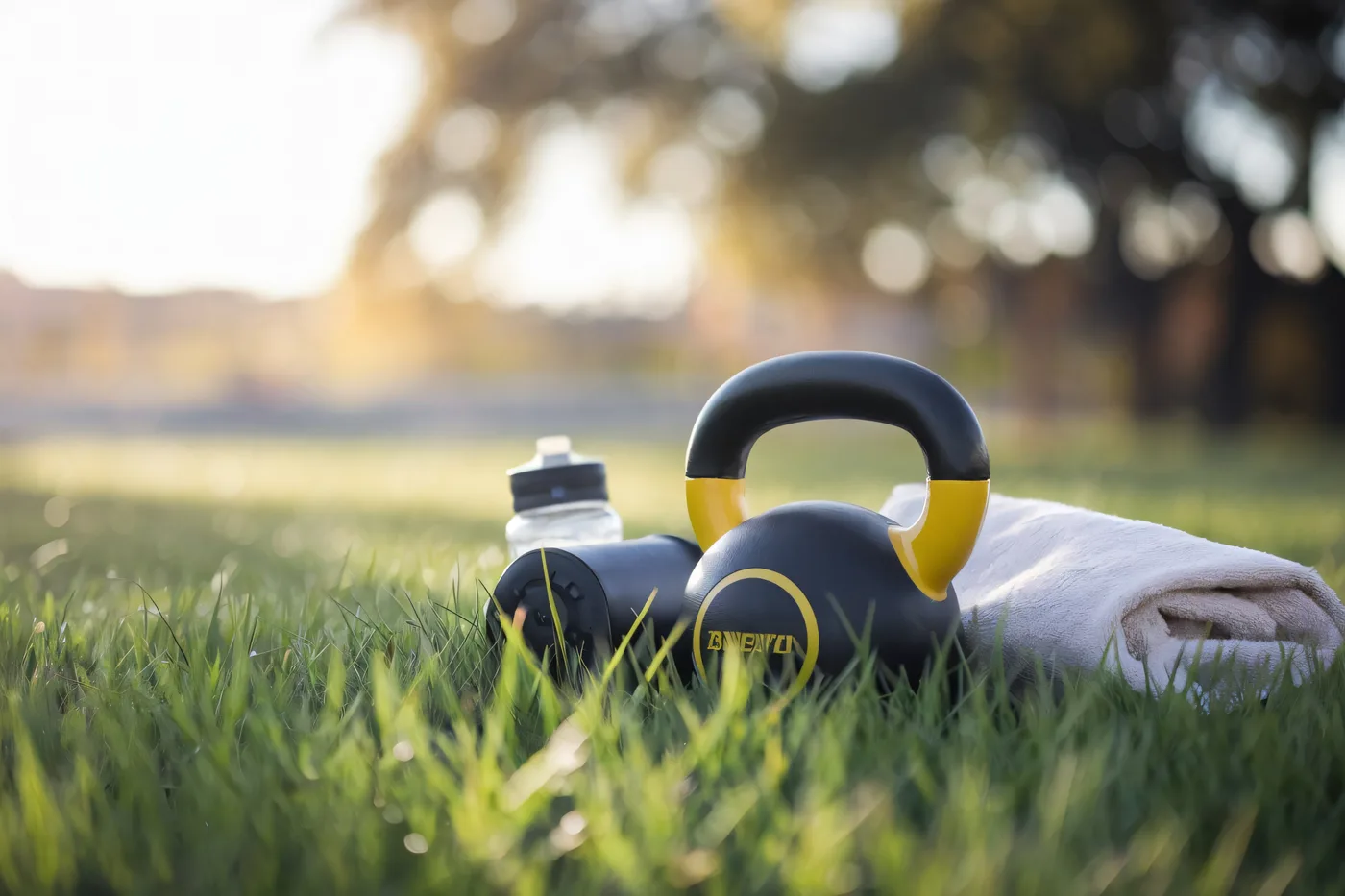 Kettlebell e accessori fitness sull'erba